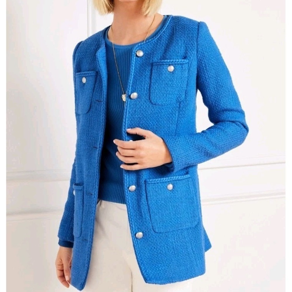 Talbots Tweed Topper Coat Braided Trim Patch Pockets In Blue 4 Petite